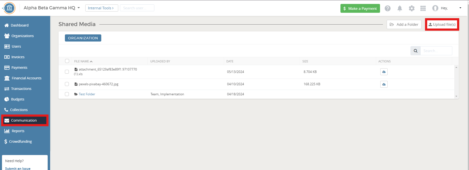 File management dashboard interface.