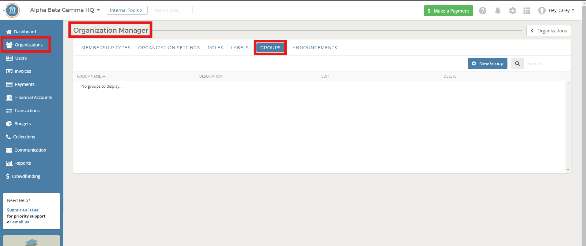 Organization Manager dashboard screen.