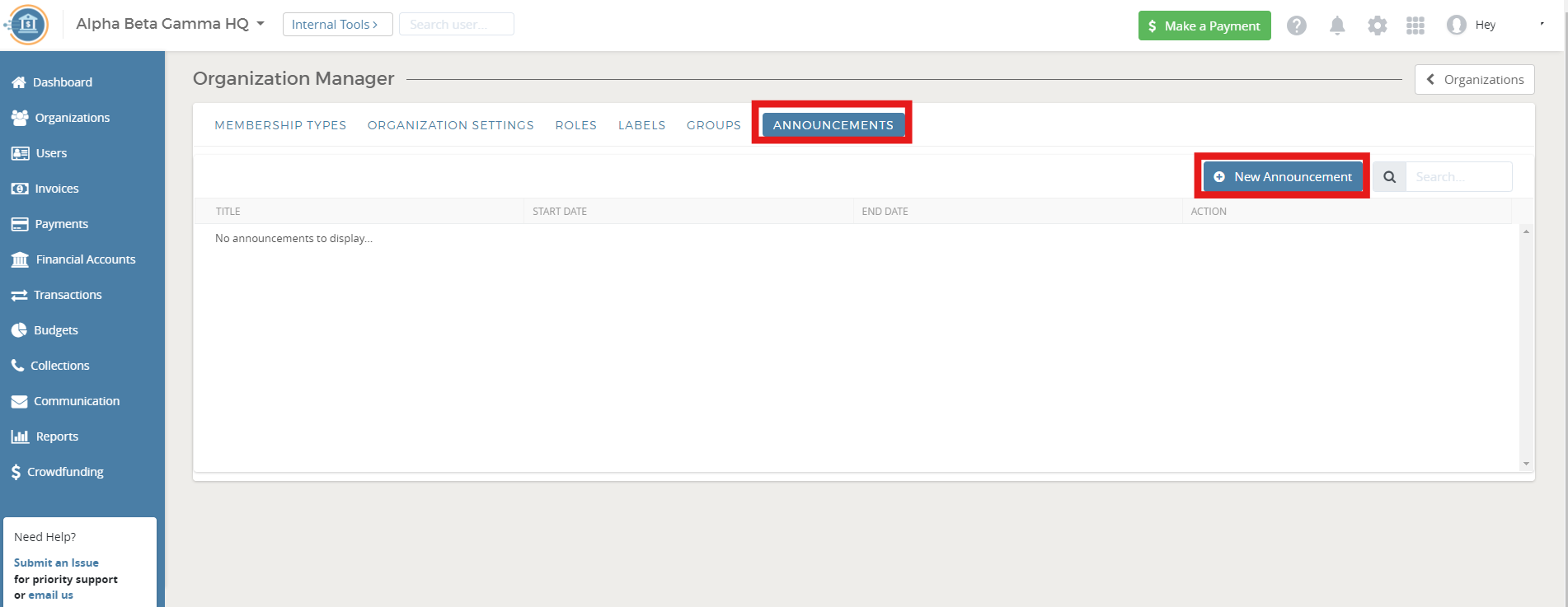 Organization Manager dashboard screen.