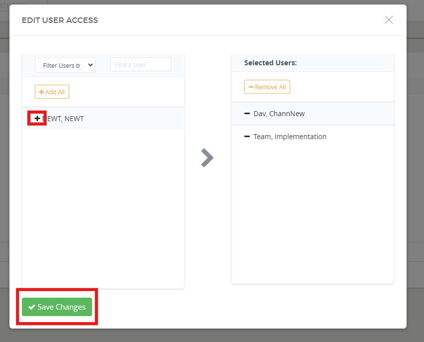 User access edit interface with save button.