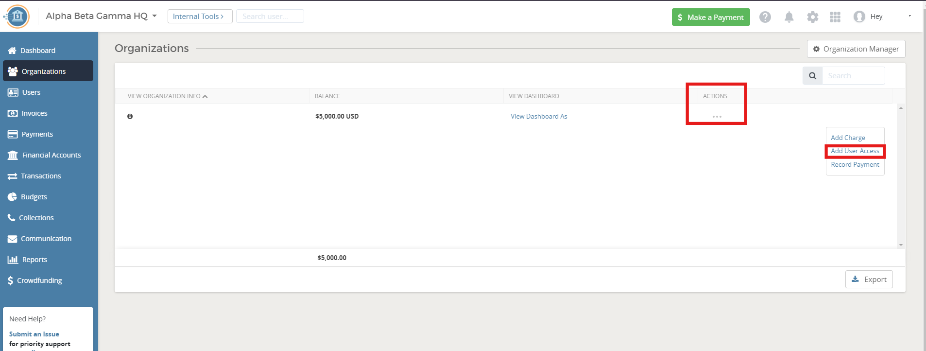 Add User Access" option highlighted on dashboard.