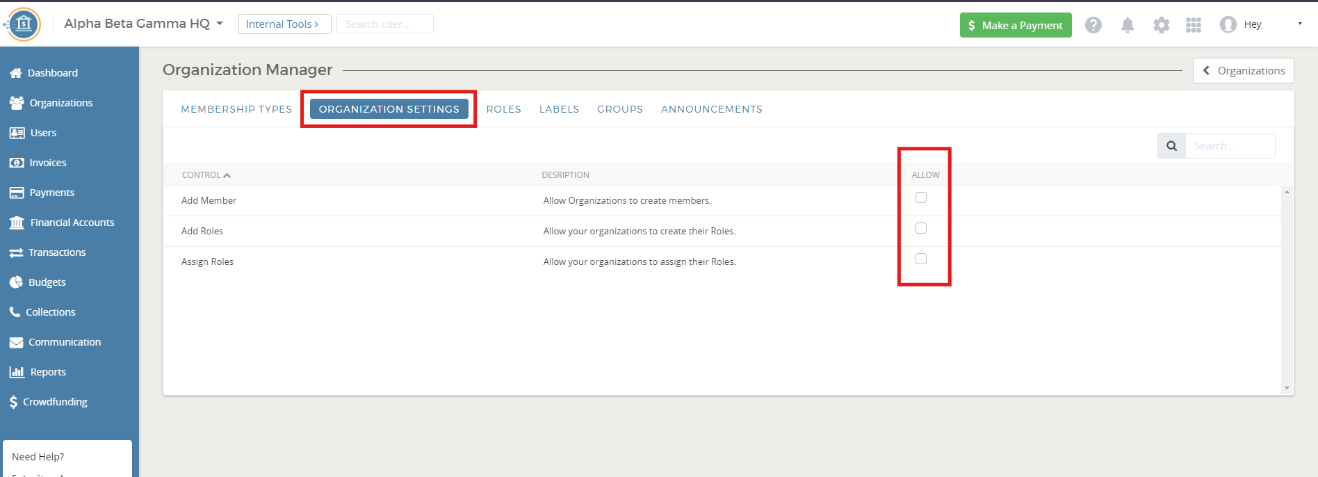 Organization settings page with options to allow.