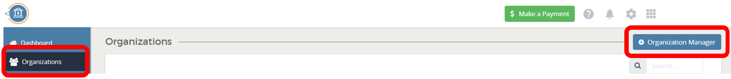 Organizations page with highlighted buttons