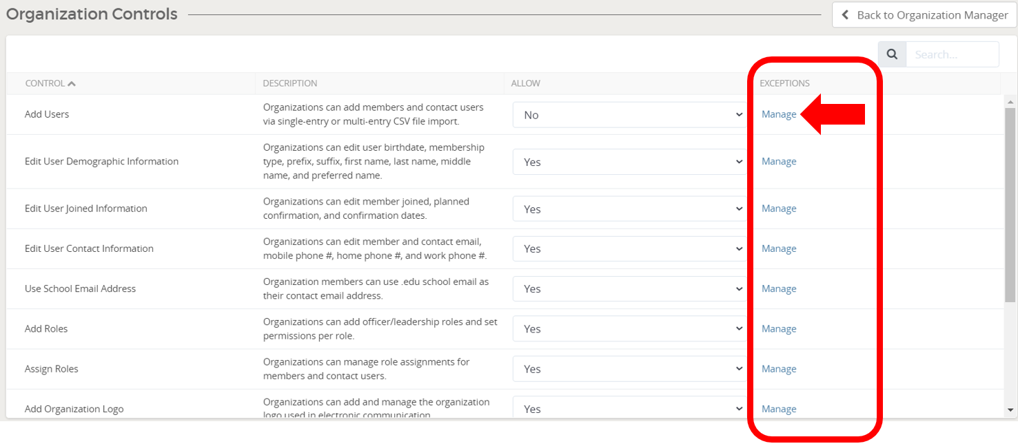 Organization controls with manage options.