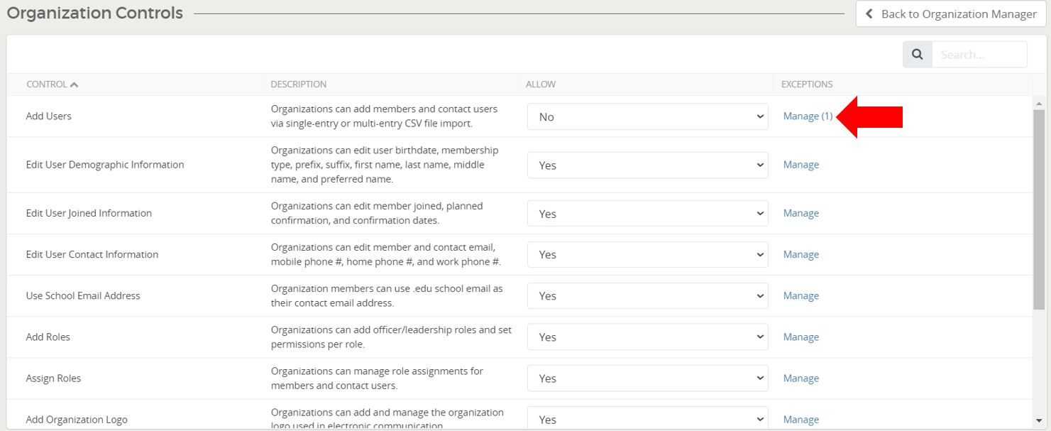 Organization controls settings page.