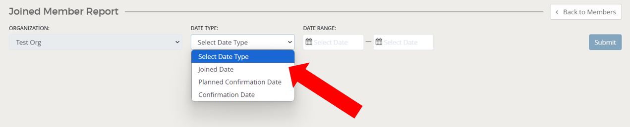 Dropdown menu for selecting date type.