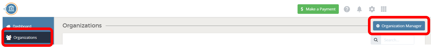 Organizations page with highlighted buttons