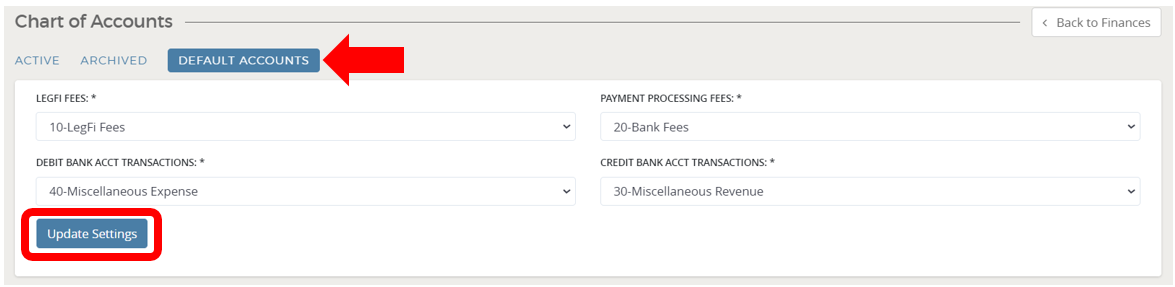 Chart of Accounts settings page.